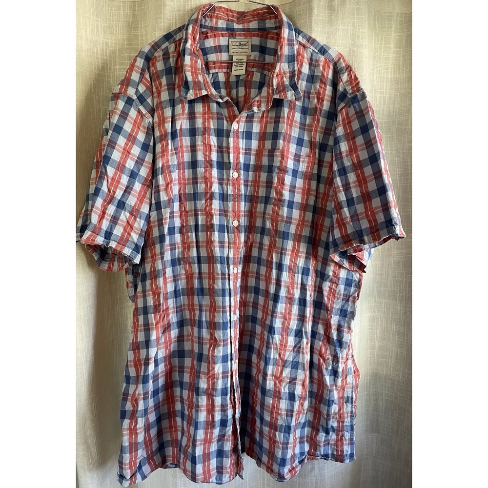 LL Bean Shirt Mens 3XL Blue and Red Button Up Short Sleeve Slightly Fitted